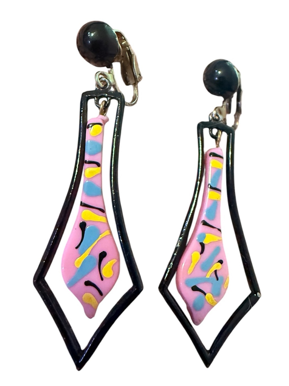 1980’s Vintage Black and Pink Long Dangle Drop Earrings, Clip Ons, 2.4” Long
